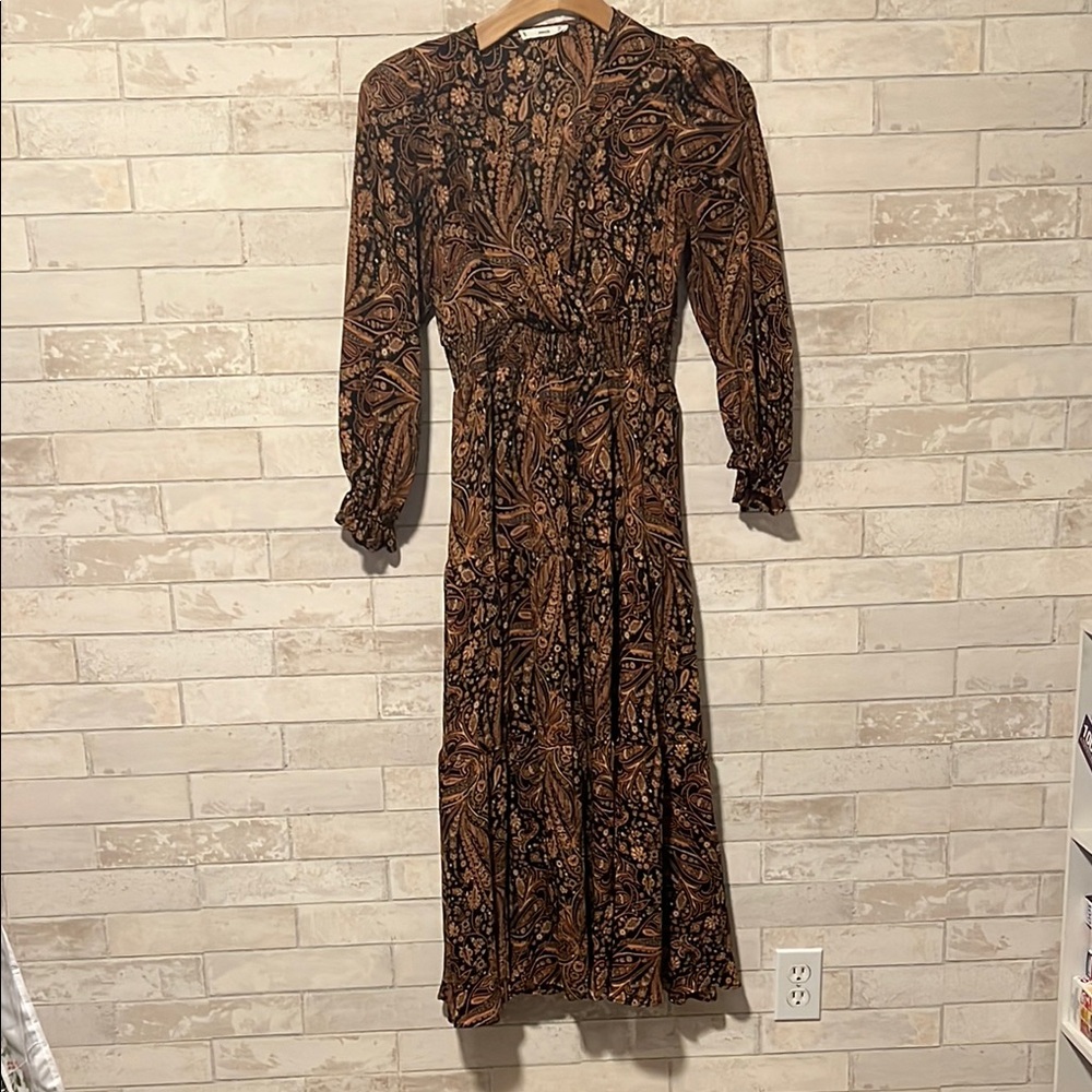 Mango Elegant Brown Paisley Long Sleeve Paisley Dress Size Medium Small